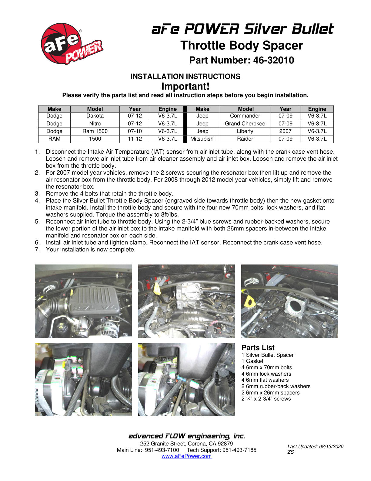 aFe 07-12 Dodge 1500/Dakota V6 3.7L Silver Bullet TB Spacer | Dodge 1500/Dakota/Jeep (46-32010)