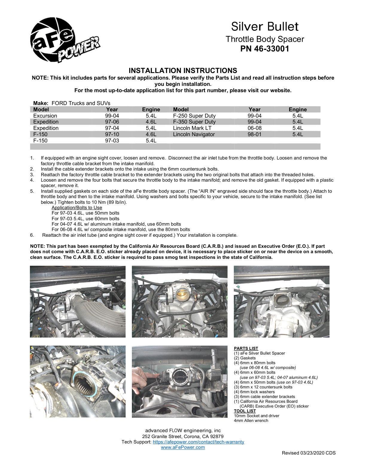 aFe Silver Bullet Throttle Body Spacer Kit | Ford F-150 (97-10) V8-4.6 / V8-5.4 (97-03) (46-33001)