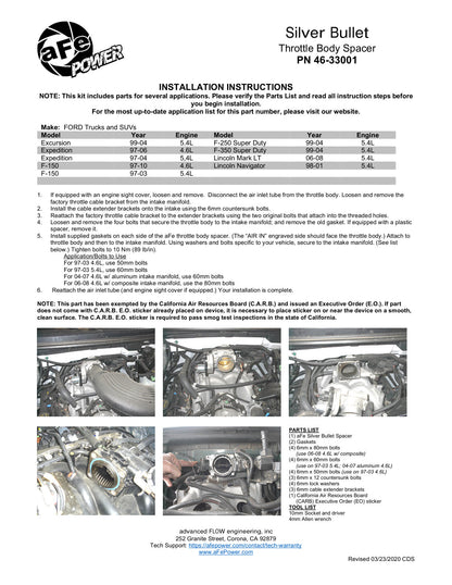 aFe Silver Bullet Throttle Body Spacer Kit | Ford F-150 (97-10) V8-4.6 / V8-5.4 (97-03) (46-33001)
