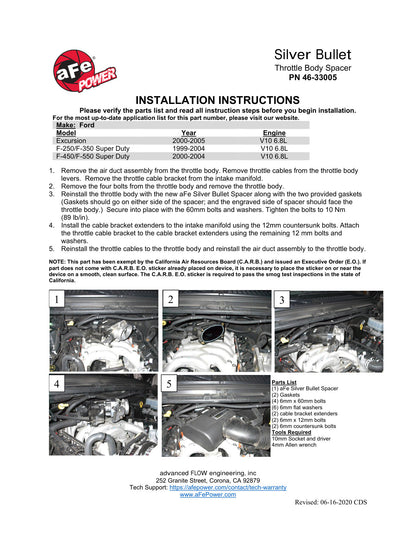 aFe Silver Bullet Throttle Body Spacer Kit | Ford Trucks V10-6.8L (99-04) (46-33005)