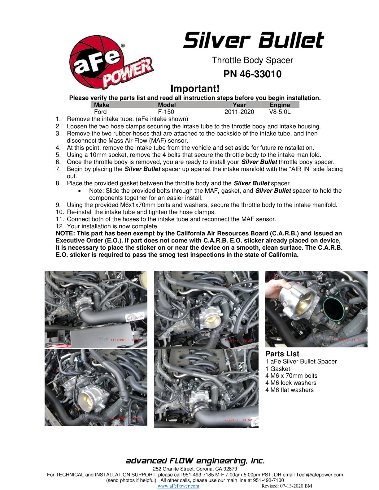 aFe Silver Bullet Throttle Body Spacer Kit | Ford F-150/Mustang GT (11-12) (46-33010)