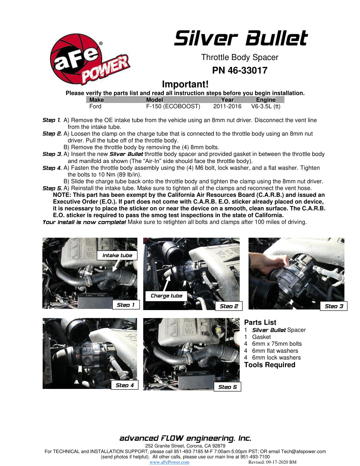 aFe Silver Bullet Throttle Body Spacer Kit | Ford F-150 11-12 V6 3.5L EcoBoost (46-33017)