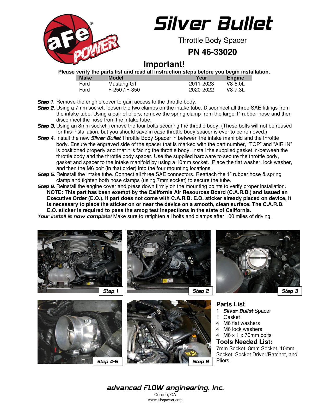 aFe Silver Bullet Throttle Body Spacer Kit | Ford Mustang GT (15-17) (46-33020)