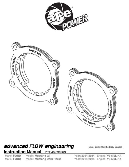 aFe Silver Bullet Throttle Body Spacer | Ford Mustang GT/Dark Horse V8 5.0L (24) (46-33026N)