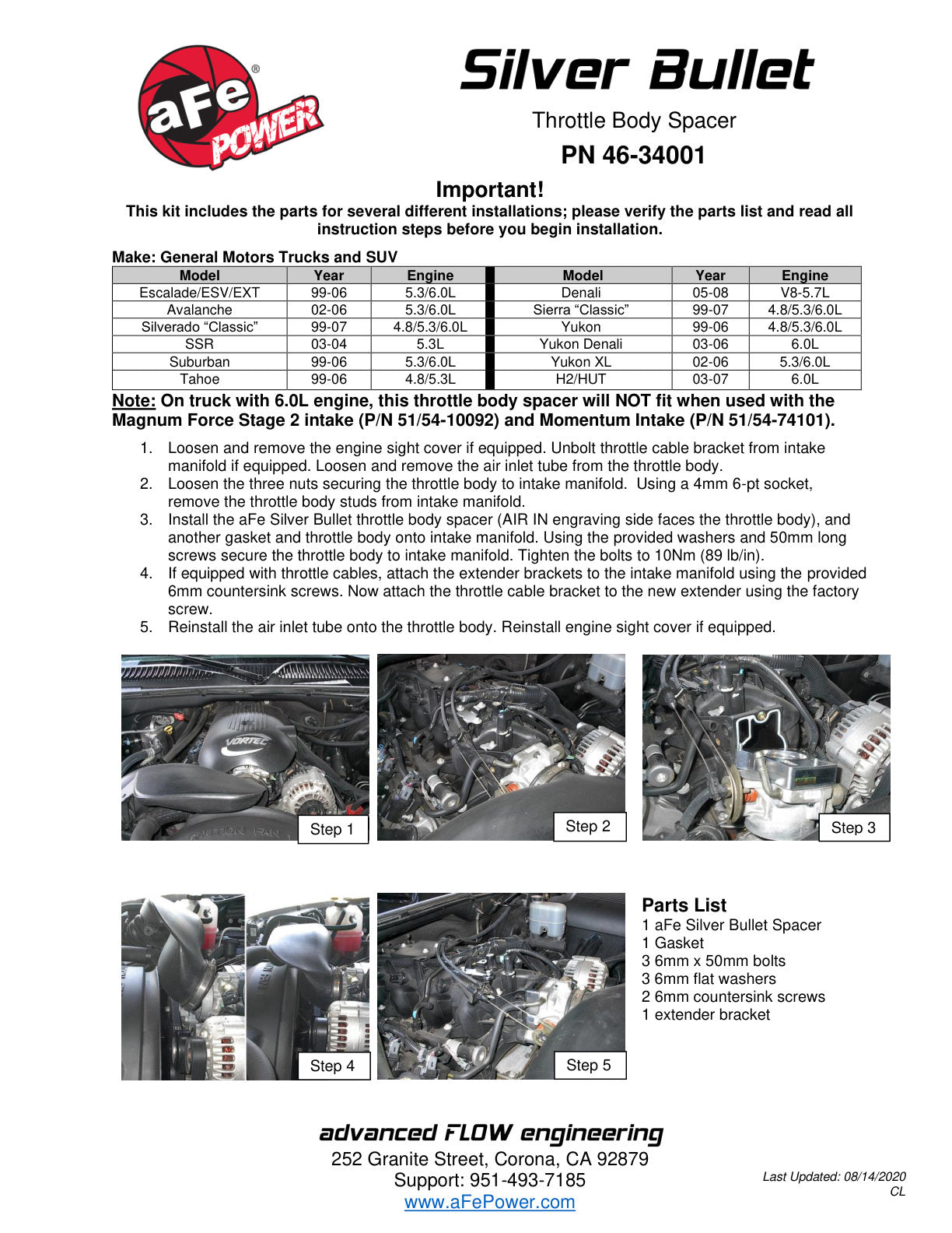 aFe Silver Bullet Throttle Body Spacer | GM Trucks/SUVs 99-07 V8 4.8/5.3/6.0L (46-34001)