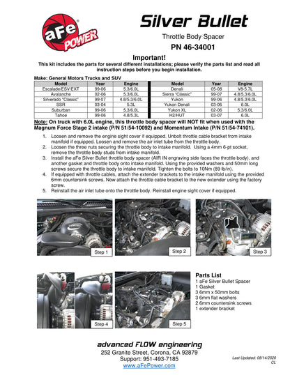 aFe Silver Bullet Throttle Body Spacer | GM Trucks/SUVs 99-07 V8 4.8/5.3/6.0L (46-34001)