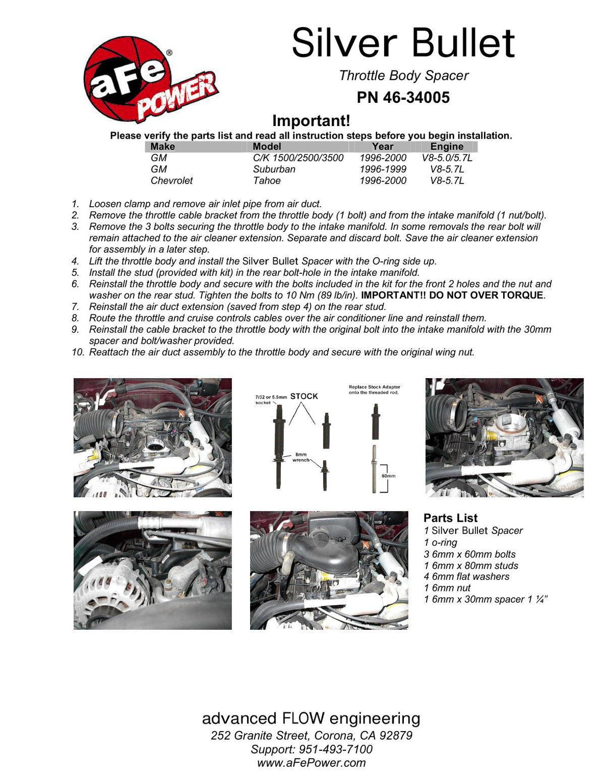 aFe Silver Bullet Throttle Body Spacer Kit | GM C/K 1500/2500/3500 (96-00) V8 5.0L/5.7L (46-34005)