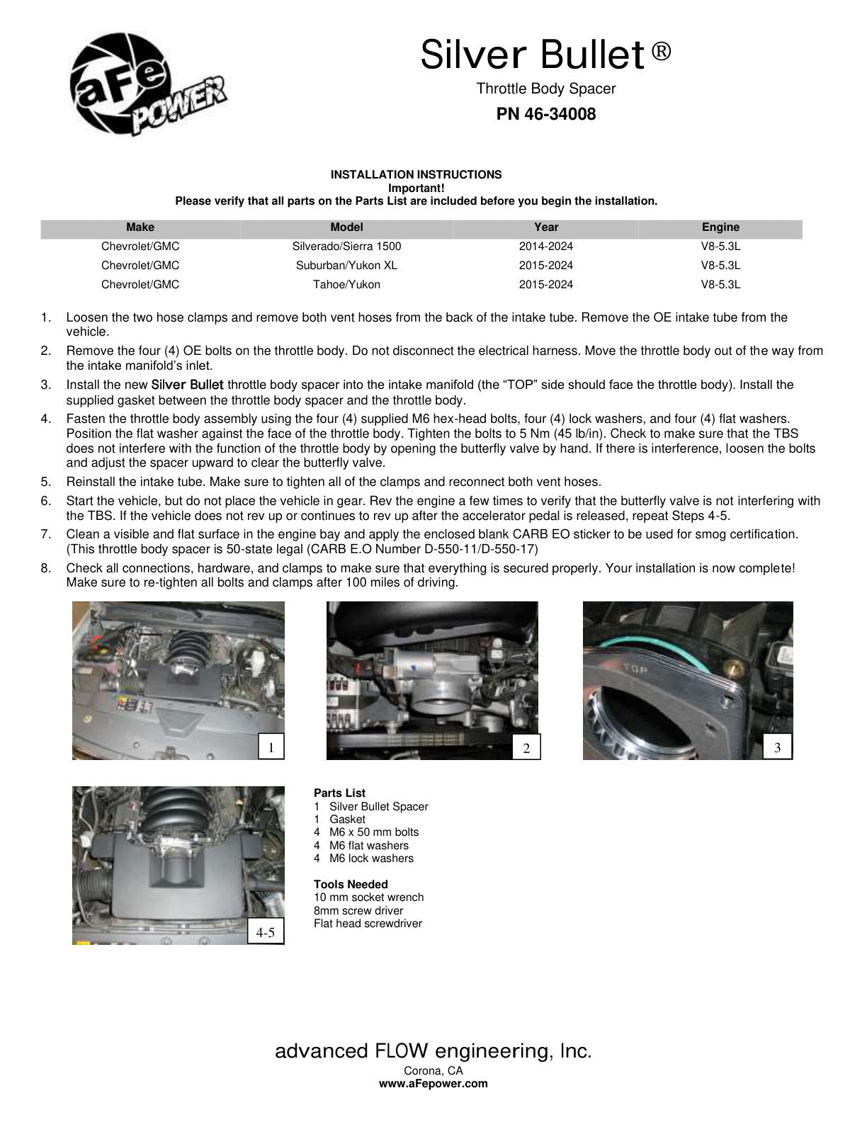 aFe Silver Bullet Throttle Body Spacer Kit | GM Silverado/Sierra 1500 V8 5.3L (14) (46-34008)