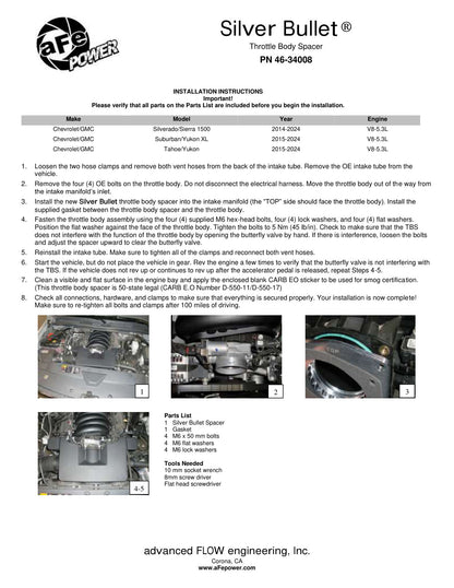 aFe Silver Bullet Throttle Body Spacer Kit | GM Silverado/Sierra 1500 V8 5.3L (14) (46-34008)