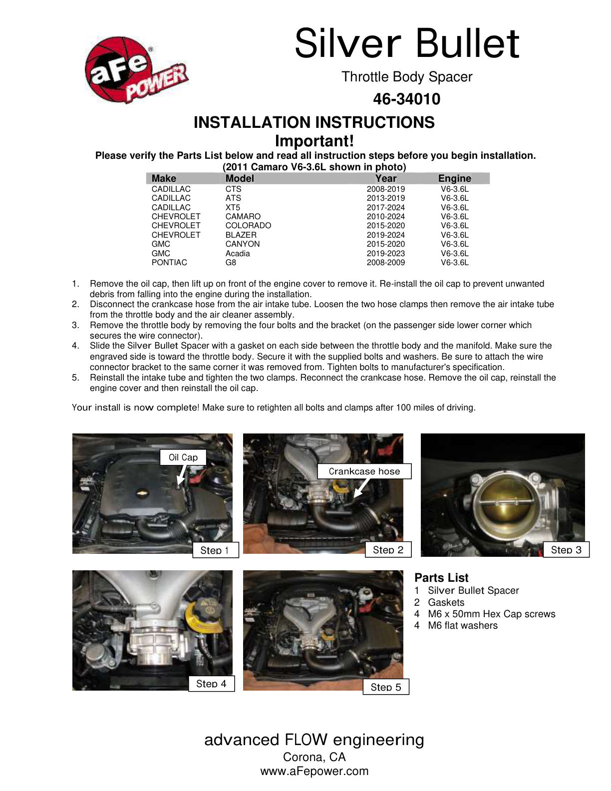 aFe Silver Bullet Throttle Body Spacer | Chevrolet Camaro V6 3.6L (10-14) (46-34010)