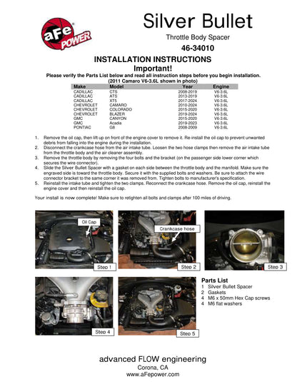 aFe Silver Bullet Throttle Body Spacer | Chevrolet Camaro V6 3.6L (10-14) (46-34010)
