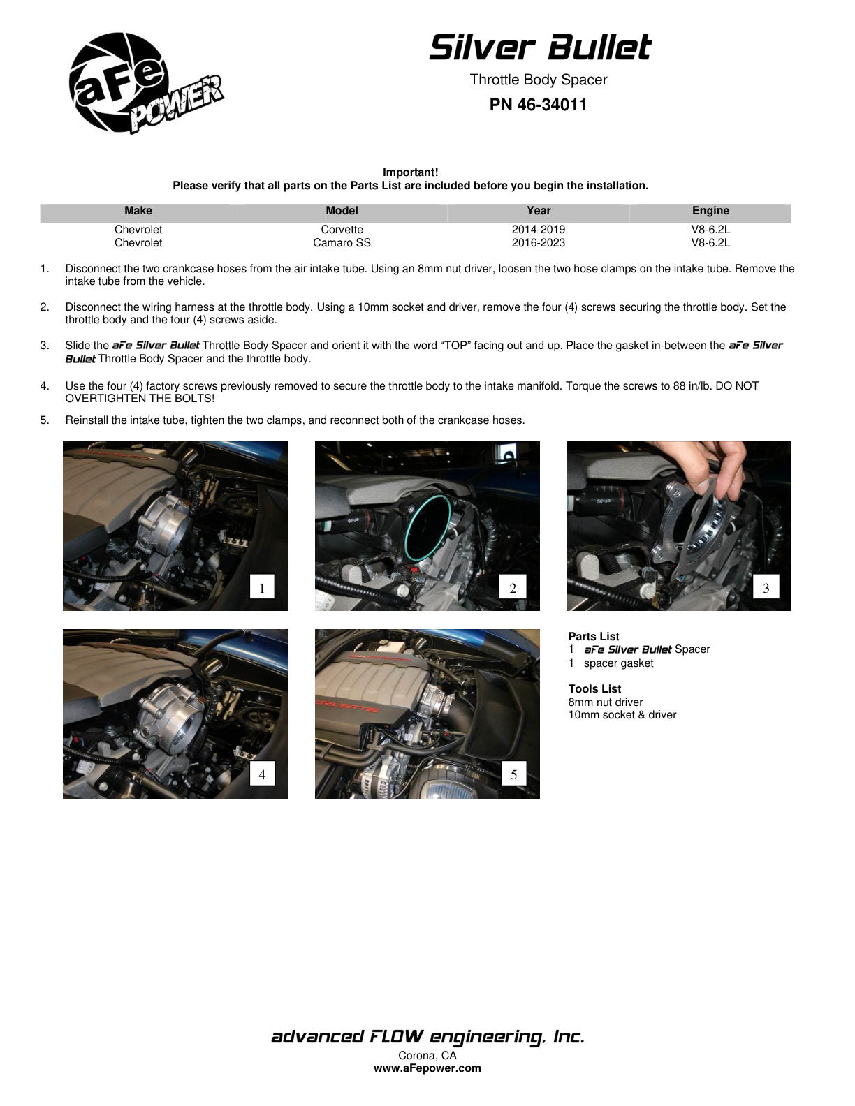 aFe Silver Bullet Throttle Body Spacer Kit | Chevrolet Corvette V8 6.2L (14) (46-34011)