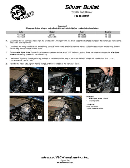 aFe Silver Bullet Throttle Body Spacer Kit | Chevrolet Corvette V8 6.2L (14) (46-34011)