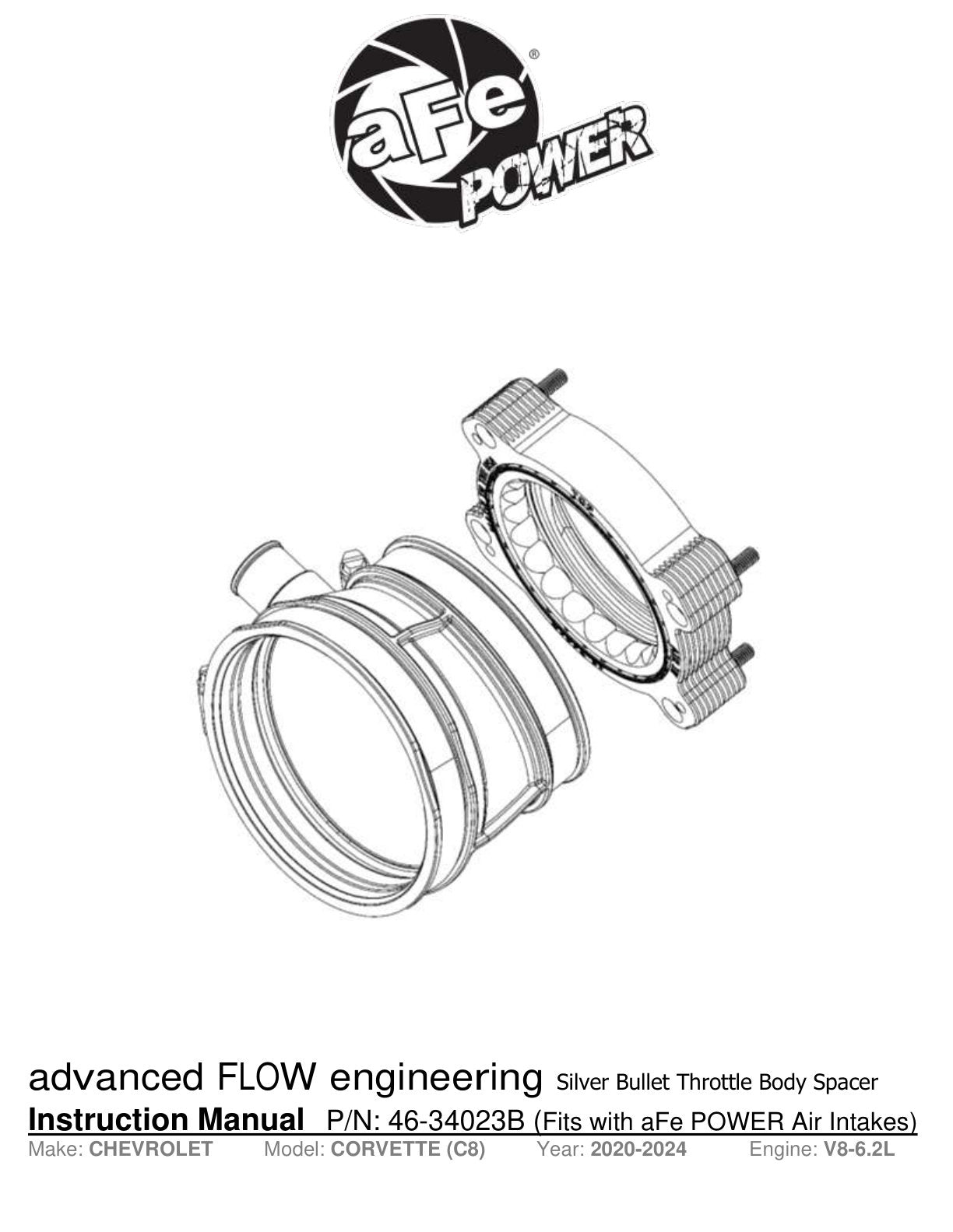 aFe Silver Bullet Aluminum Throttle Body Spacer | Corvette C8 2020+ (46-34023B)