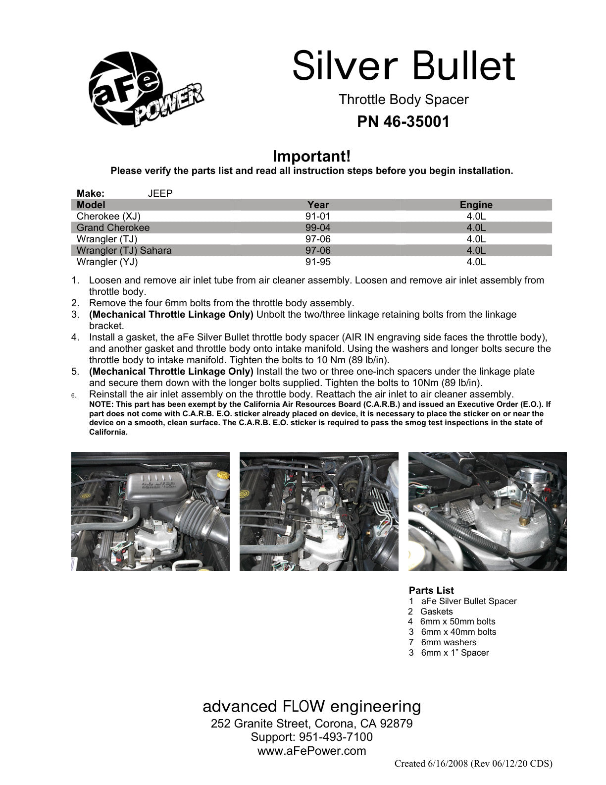 aFe Silver Bullet Throttle Body Spacer Kit | Jeep Wrangler TJ/YJ (91-06) 4.0L (46-35001)