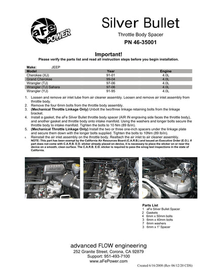 aFe Silver Bullet Throttle Body Spacer Kit | Jeep Wrangler TJ/YJ (91-06) 4.0L (46-35001)