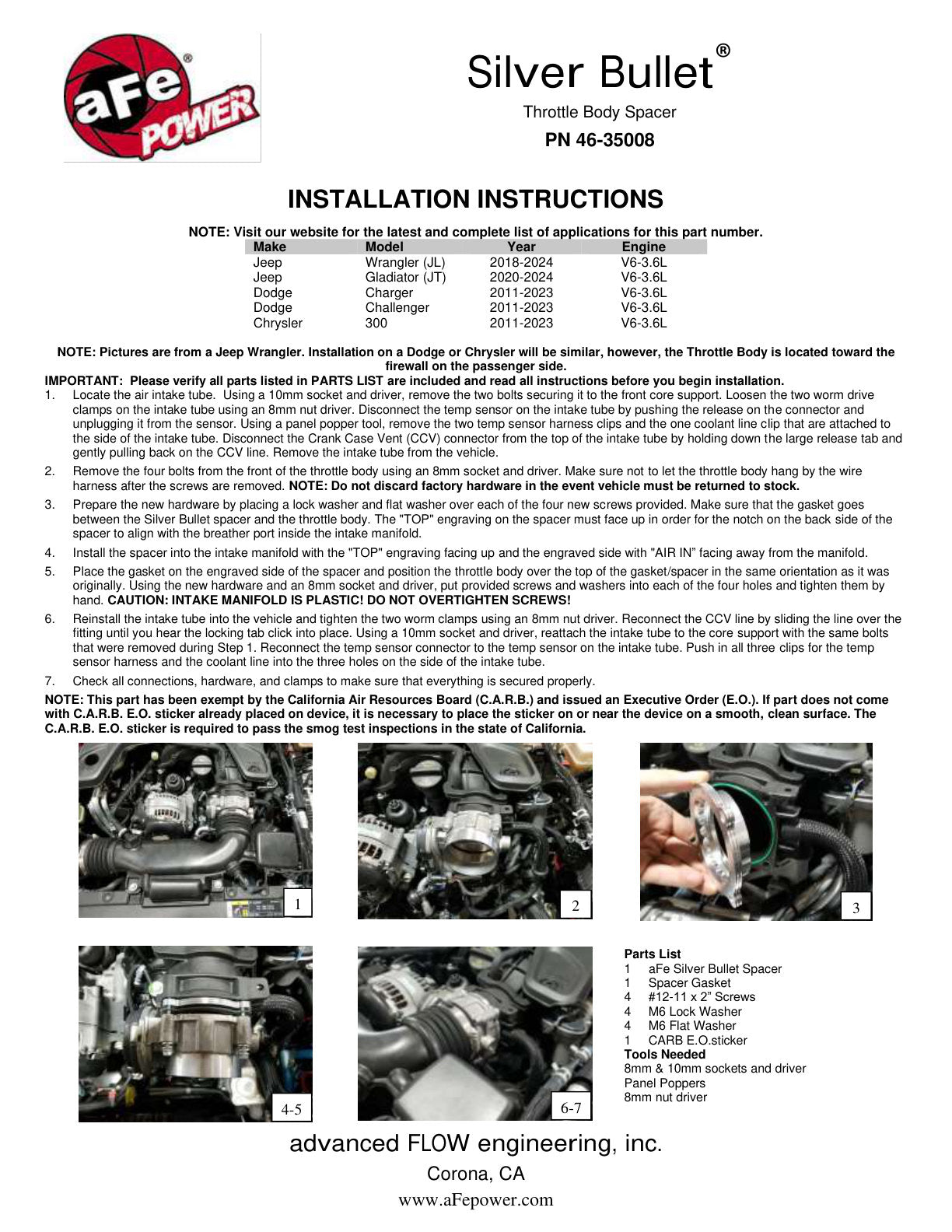 aFe Silver Bullet Throttle Body Spacer Kit | Jeep Wrangler JL V6 3.6L (18+) (46-35008)