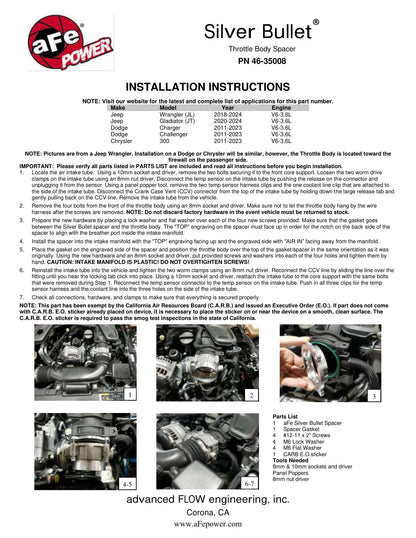 aFe Silver Bullet Throttle Body Spacer Kit | Jeep Wrangler JL V6 3.6L (18+) (46-35008)
