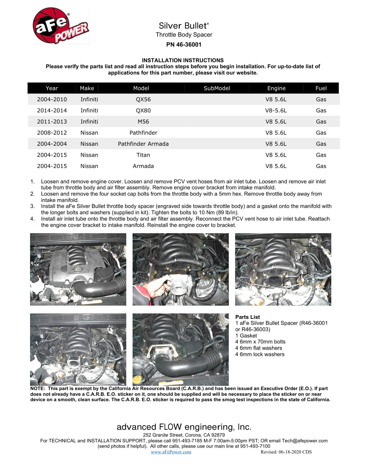 aFe Silver Bullet Throttle Body Spacer Kit | Nissan Titan/Armada / Infiniti QX56 (04-09) (46-36001)