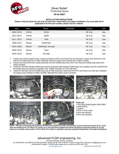 aFe Silver Bullet Throttle Body Spacer Kit | Nissan Titan/Armada / Infiniti QX56 (04-09) (46-36001)