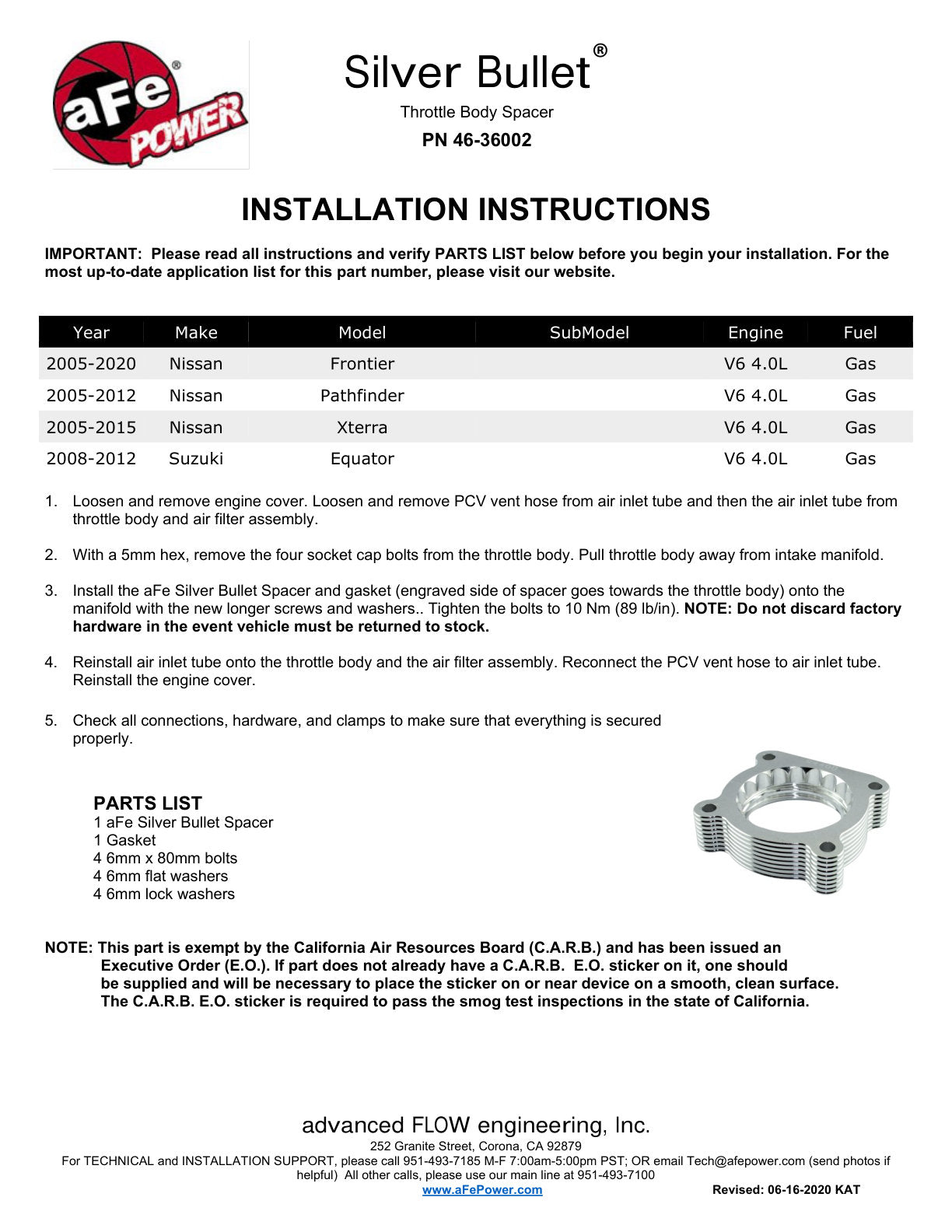 aFe Silver Bullet Throttle Body Spacer | Nissan Frontier/Pathfinder/Xterra 05-09 (46-36002)
