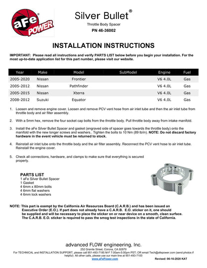 aFe Silver Bullet Throttle Body Spacer | Nissan Frontier/Pathfinder/Xterra 05-09 (46-36002)