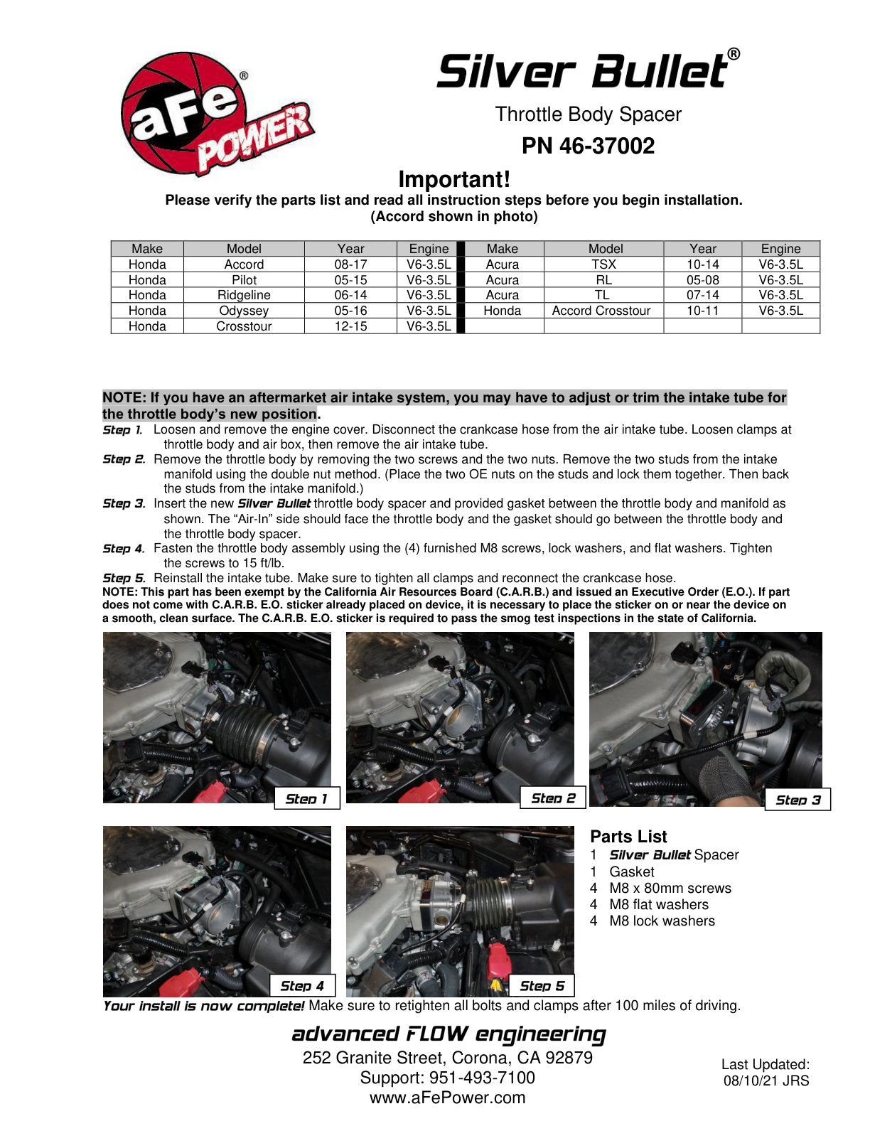 aFe Silver Bullet Throttle Body Spacer Kit | Honda Accord V6 3.5L (08-14) (46-37002)