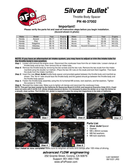 aFe Silver Bullet Throttle Body Spacer Kit | Honda Accord V6 3.5L (08-14) (46-37002)