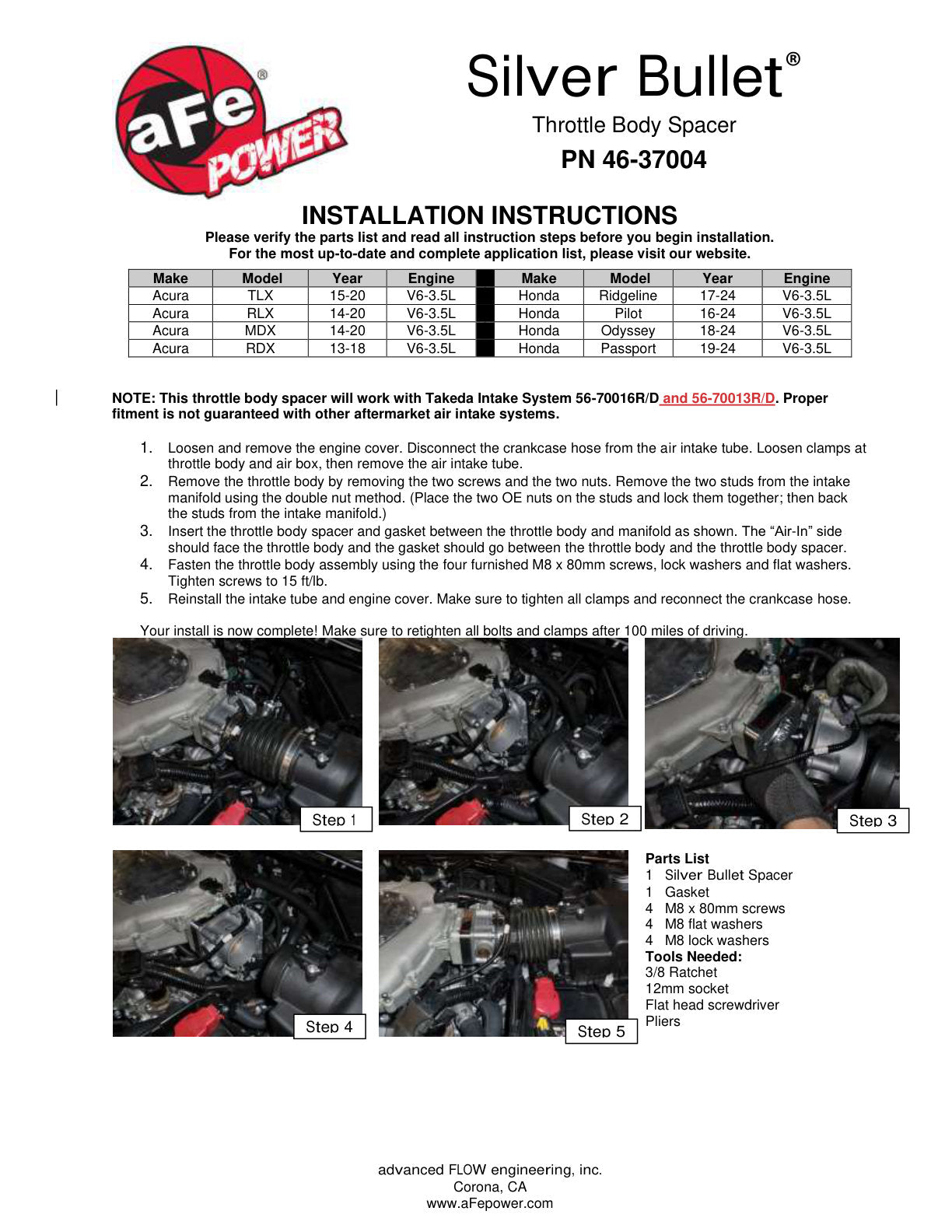 aFe Silver Bullet Throttle Body Spacer | Acura MDX (14-20) / TLX V6-3.5L (15-20) (46-37004)