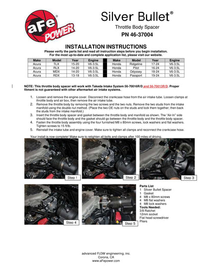 aFe Silver Bullet Throttle Body Spacer | Acura MDX (14-20) / TLX V6-3.5L (15-20) (46-37004)