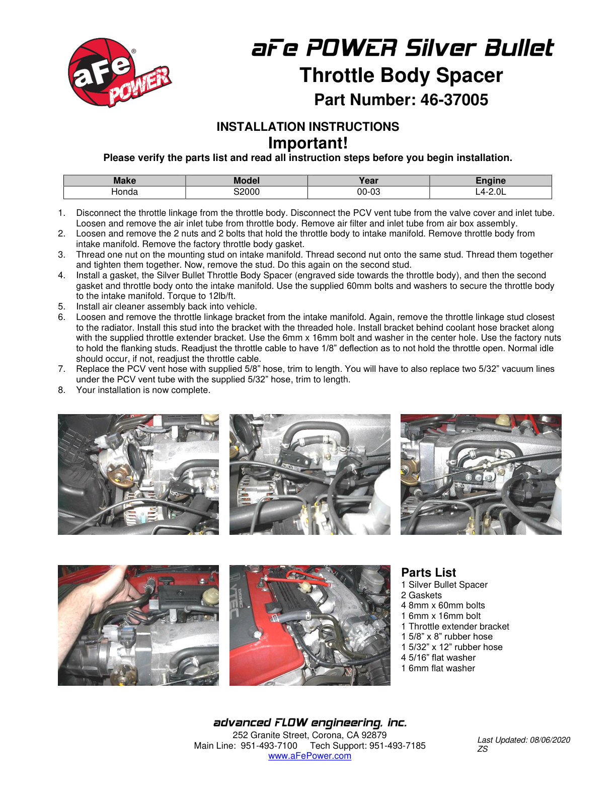 aFe Silver Bullet Throttle Body Spacer | Honda S2000 2.0L L4 (00-03) (46-37005)