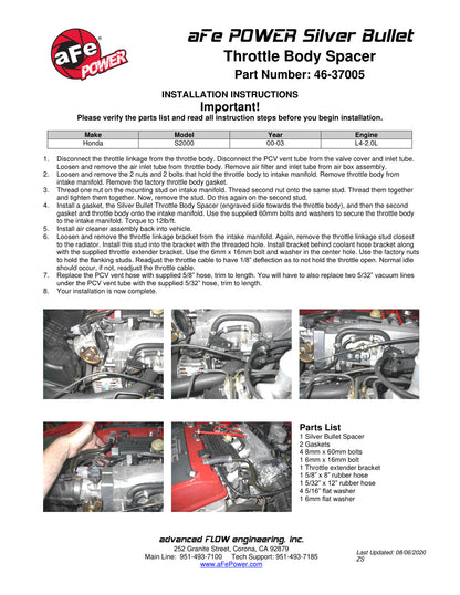 aFe Silver Bullet Throttle Body Spacer | Honda S2000 2.0L L4 (00-03) (46-37005)