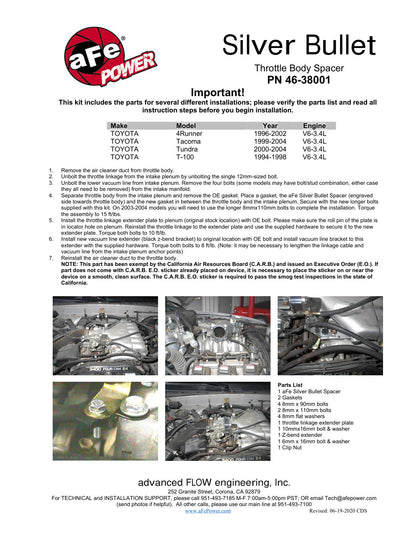aFe Silver Bullet Throttle Body Spacer | Toyota Tacoma/4Runner 99-04 V6 3.4L (46-38001) (SPF4638001)