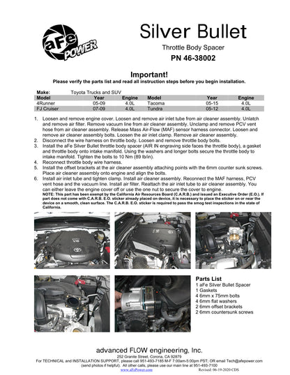 aFe Silver Bullet Throttle Body Spacer Kit | Toyota Tacoma V6-4.0L (05-11) (46-38002)