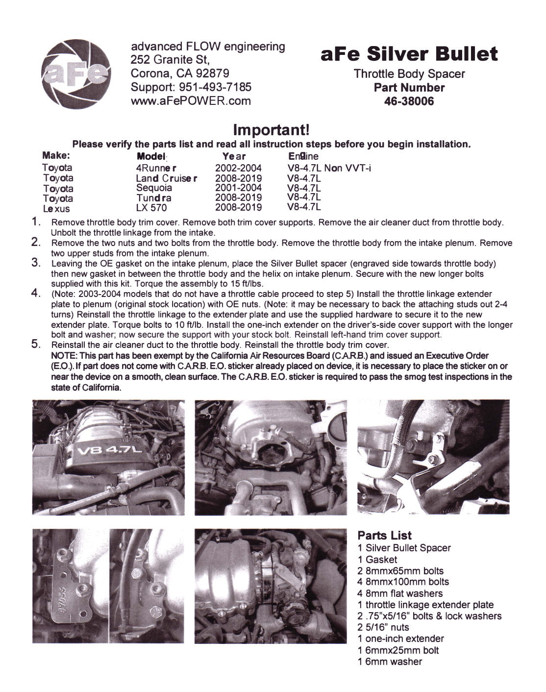 aFe Silver Bullet Throttle Body Spacer Kit | Toyota Tundra / Sequoia (00-04 / 01-04) (46-38006)