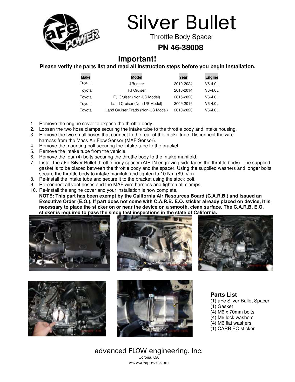 aFe Silver Bullet Throttle Body Spacer Kit | Toyota 4Runner/FJ Cruiser (10-12) V6-4.0L (46-38008)