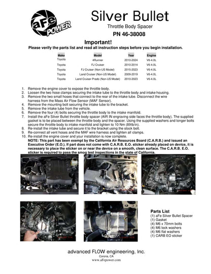 aFe Silver Bullet Throttle Body Spacer Kit | Toyota 4Runner/FJ Cruiser (10-12) V6-4.0L (46-38008)