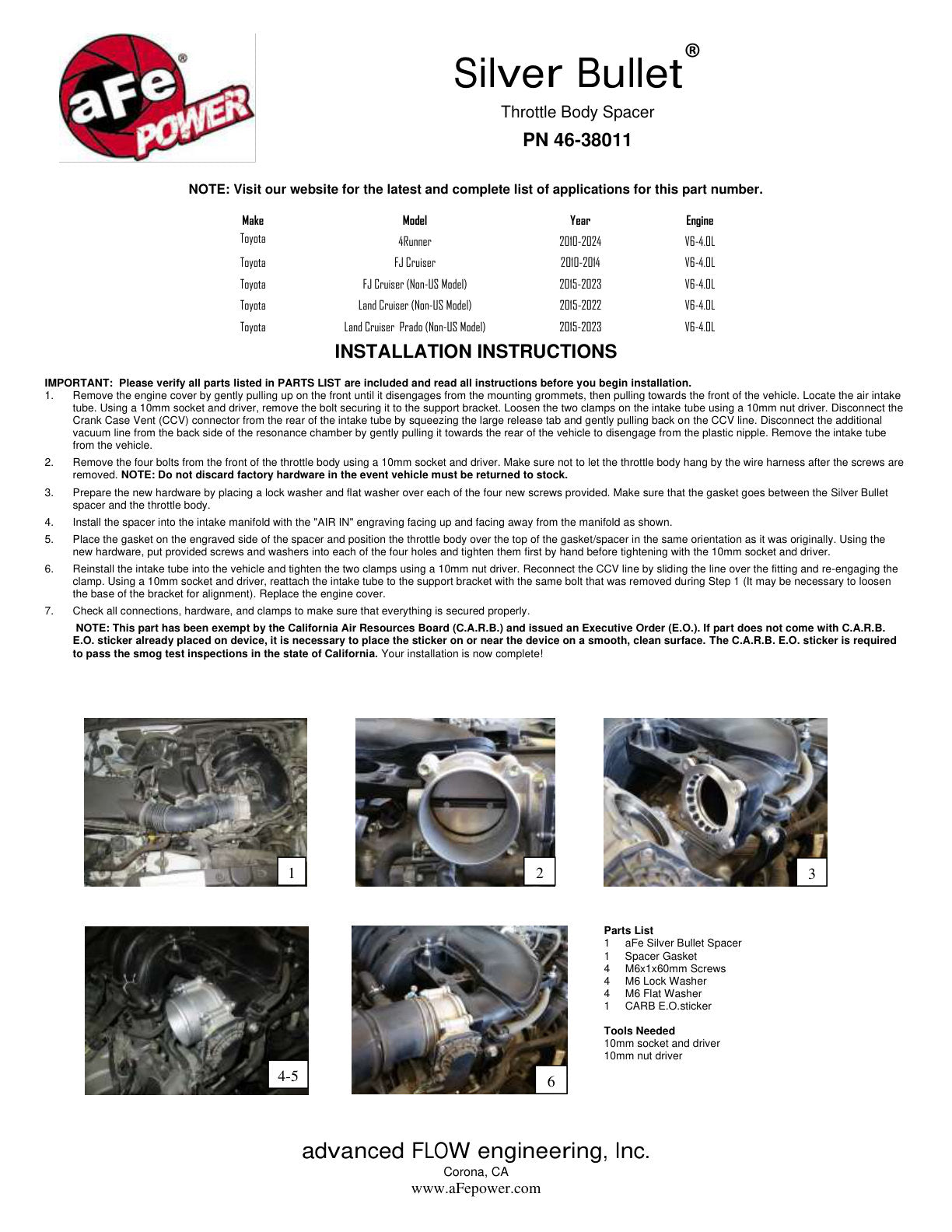 aFe Silver Bullet Throttle Body Spacer Kit | Toyota FJ Cruiser V6 4.0L (10-18) (46-38011)