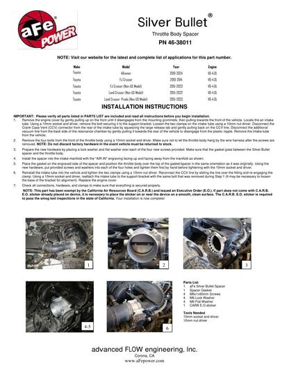 aFe Silver Bullet Throttle Body Spacer Kit | Toyota FJ Cruiser V6 4.0L (10-18) (46-38011)