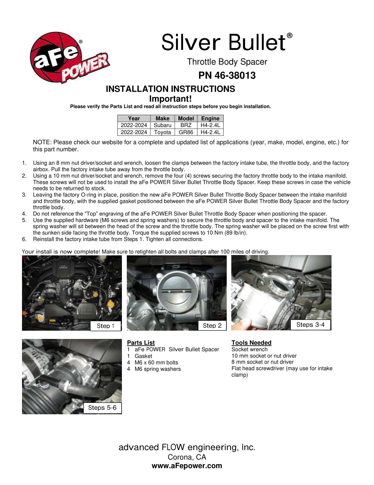 aFe Silver Bullet Throttle Body Spacer | Toyota GR86 2022-2023 (46-38013)