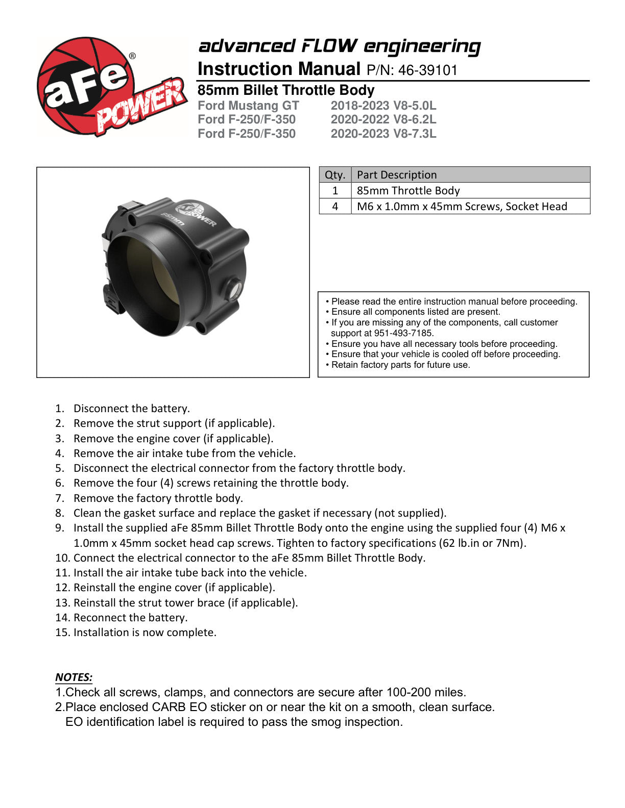 aFe Power 85mm Billet Throttle Body | Ford Mustang GT (18-21) (46-39101)