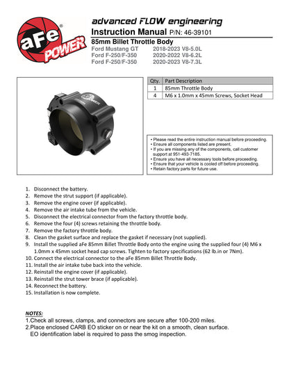 aFe Power 85mm Billet Throttle Body | Ford Mustang GT (18-21) (46-39101)