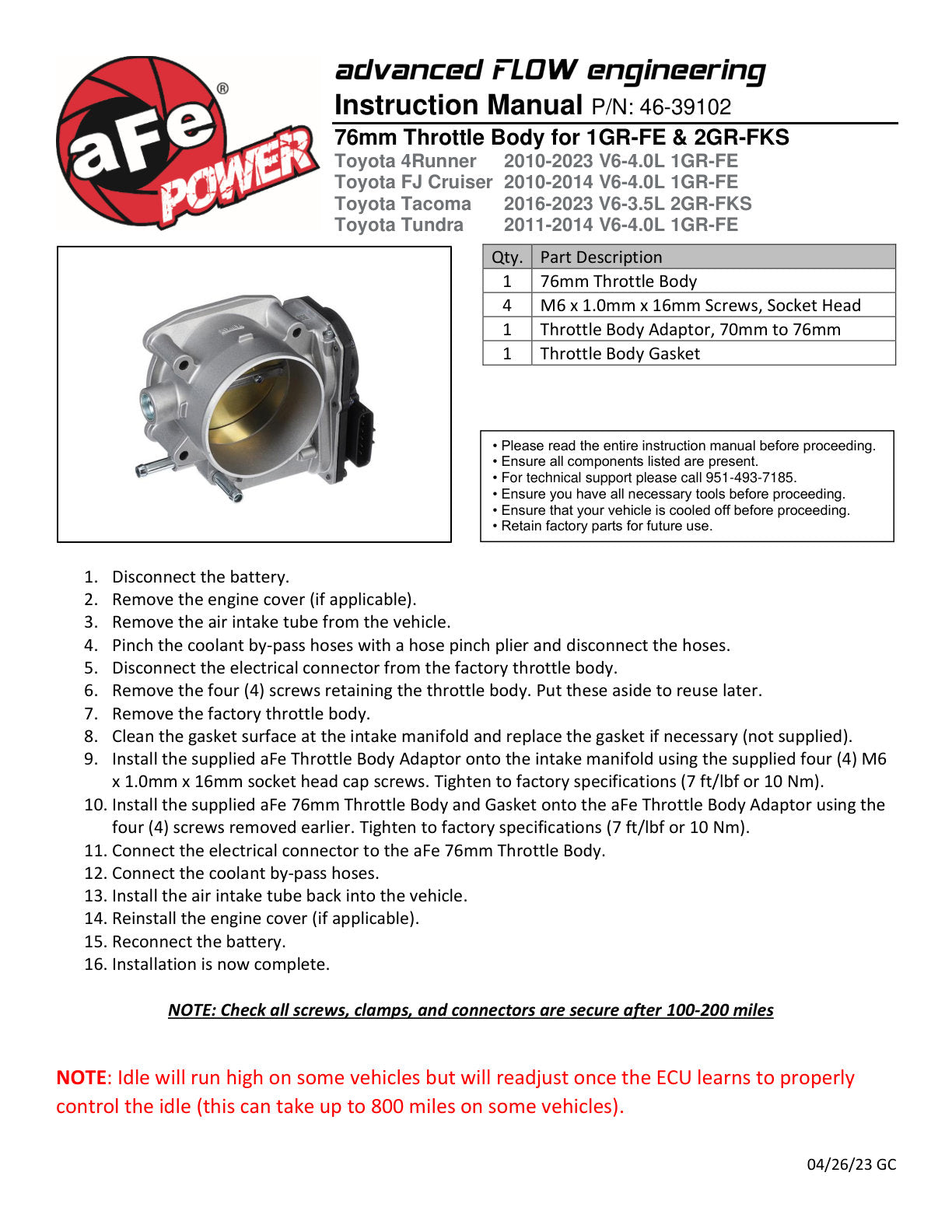aFe 76mm Billet Throttle Body Kit | Toyota 4Runner V6 4.0L (10-23) / FJ Cruiser V6 4.0L (10-14) (46-39102)