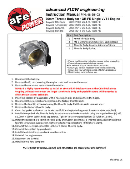 aFe 76mm Billet Throttle Body | Toyota 4Runner/FJ Cruiser/Tacoma/Tundra (03-23) (46-39103)