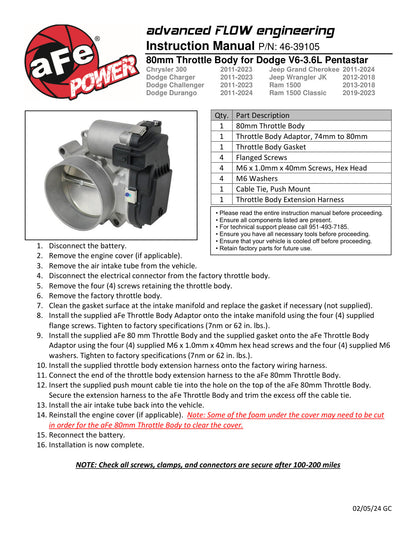 aFe 80mm Throttle Body | Dodge Challenger/Charger (11-23) (46-39105)