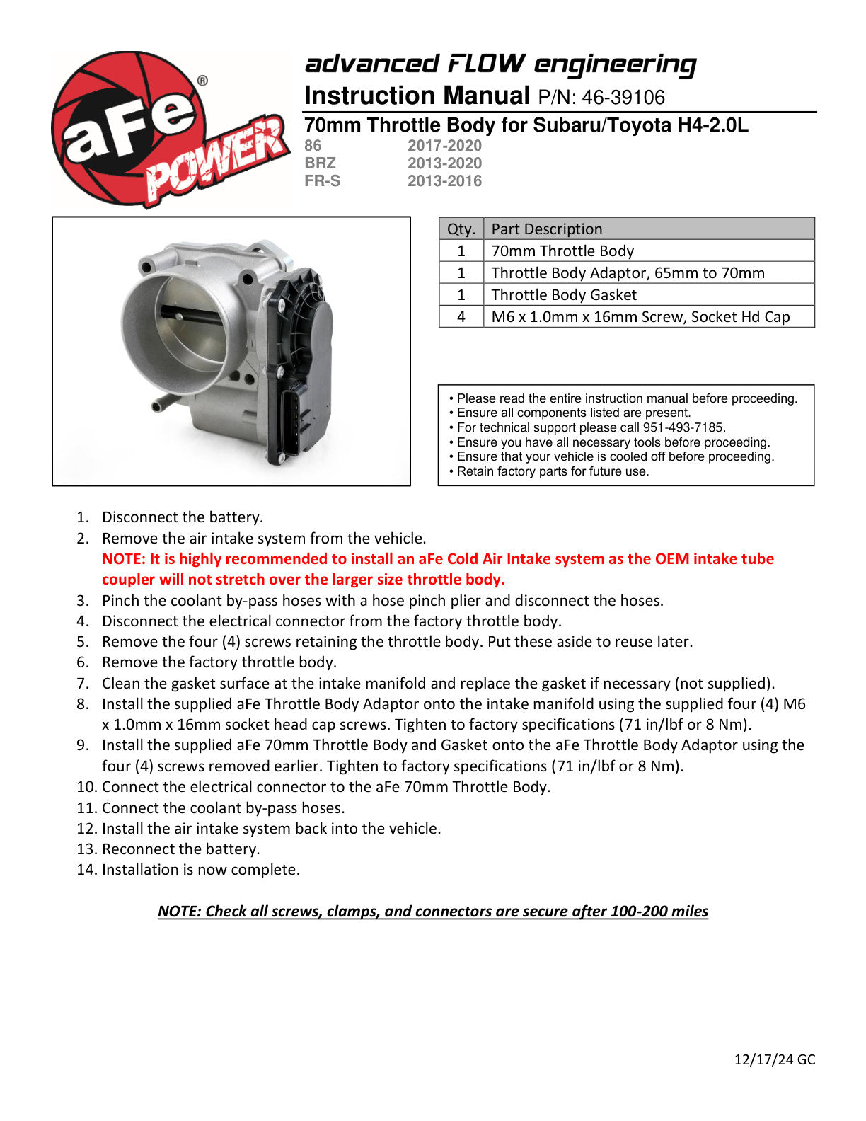 aFe 70mm Throttle Body Kit | Subaru BRZ/Scion FR-S (13-20) (46-39106)