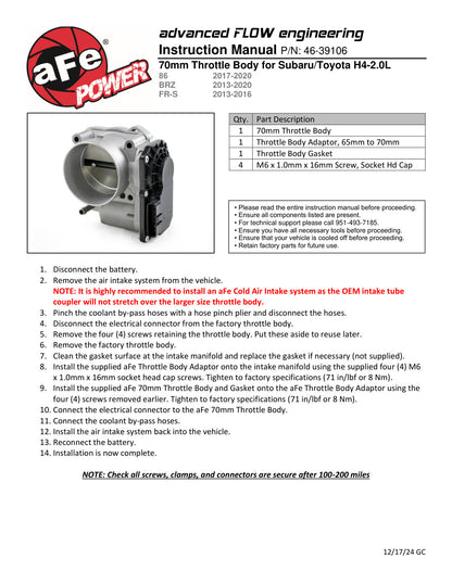 aFe 70mm Throttle Body Kit | Subaru BRZ/Scion FR-S (13-20) (46-39106)