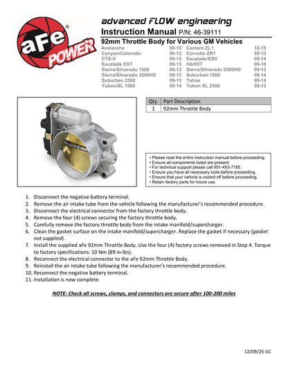 aFe POWER 09-13 Chevrolet Silverado 1500 V8 5.3L/6.2L 92mm Throttle Body