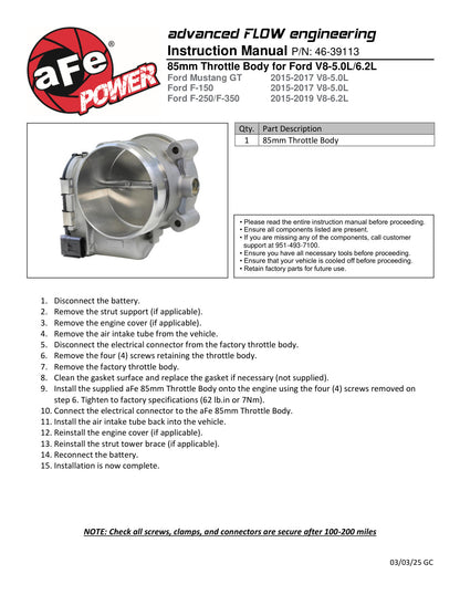 aFe Perf 85mm Throttle Body | Ford Mustang GT (11-16) (46-39113)