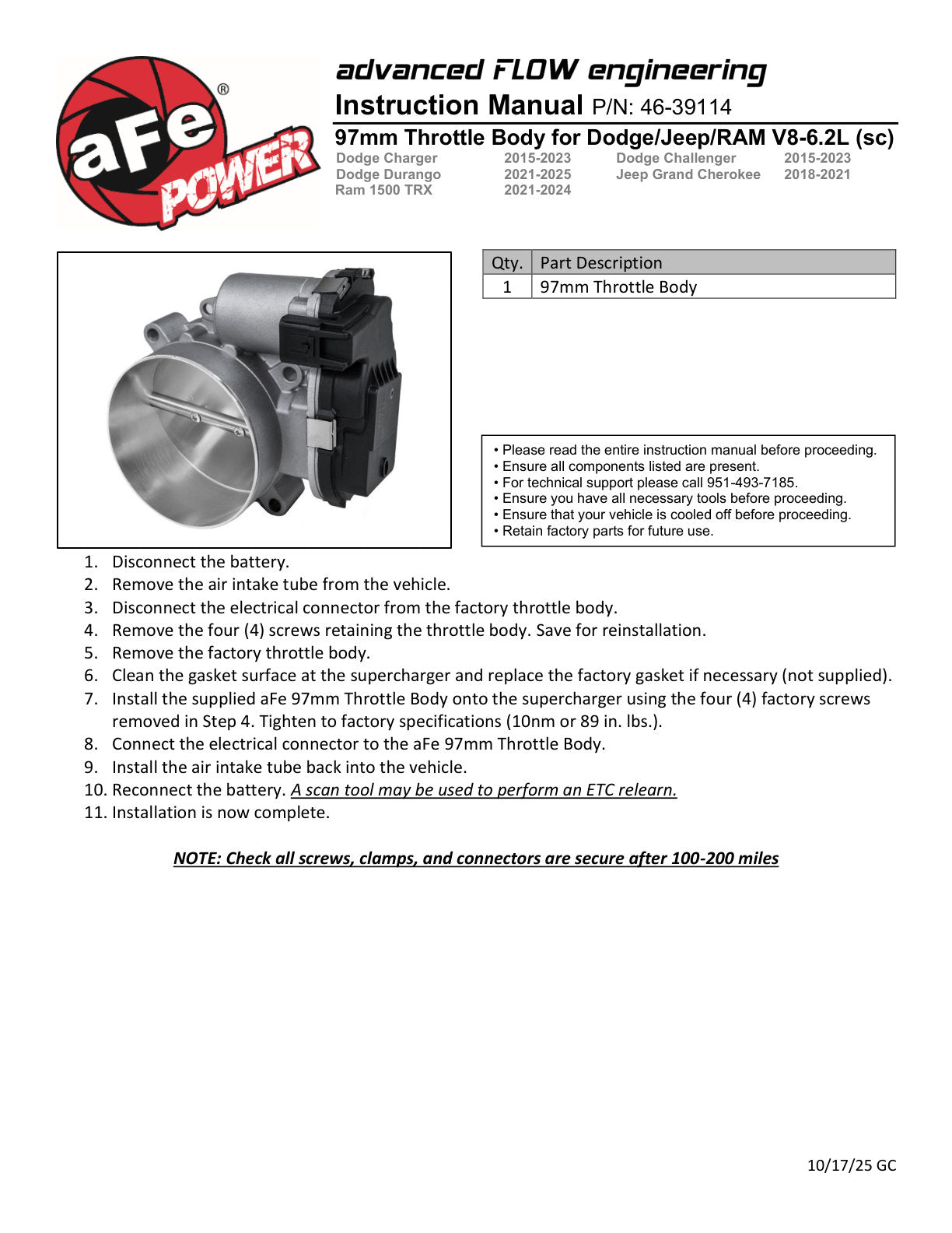 aFe 97mm Throttle Body | Dodge Challenger/Charger/Jeep WK (46-39114)